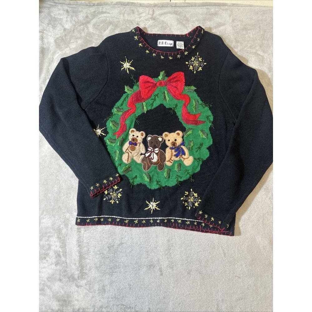 Women’s Vintage Christmas Sweater Granny Core Black Green B.P Design Size Medium - Picture 6 of 14